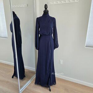 Lulus Navy Blue Long Sleeve Backless Maxi Dress Small Formal New With Tags $99
